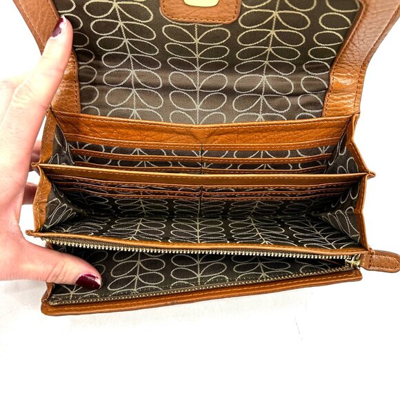 ORLA KIELY Brown Gold Leather Stem Snap Button Zip Pocket Long Wallet & Dust Bag - Picture 8 of 8